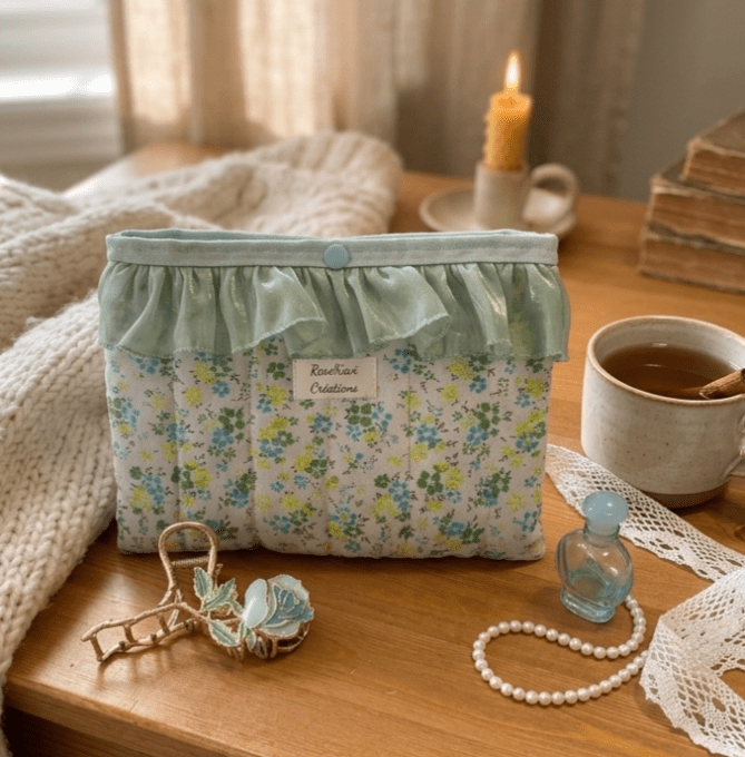 Pochette à livres molletonnée vert et bleu sur fond blanc