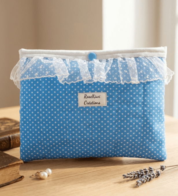 Pochette à livre molletonnée, bleue à petits pois