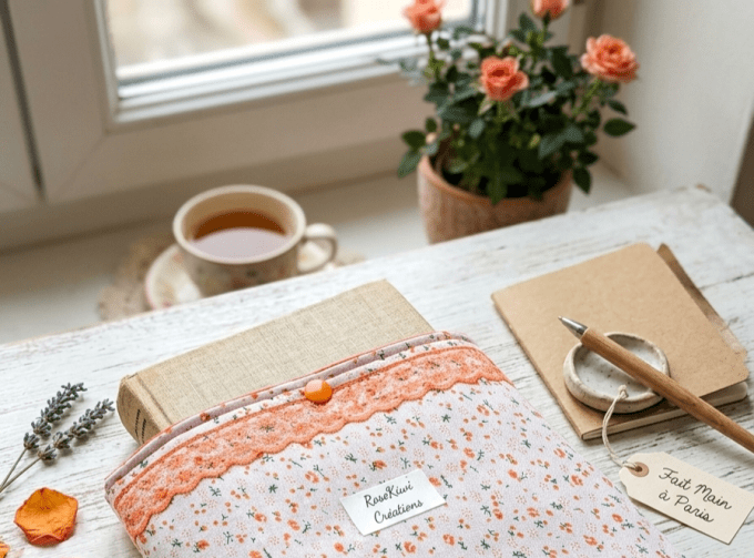 Pochette à livre fleurie Orange et blanc