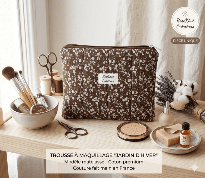 Trousse MakeUp fleurie marron chocolat