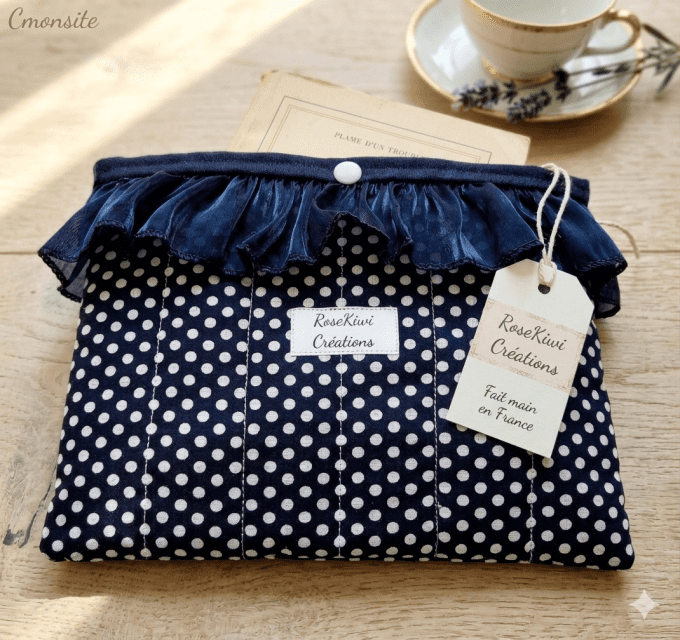 Pochette à livres bleu marine à pois blancs